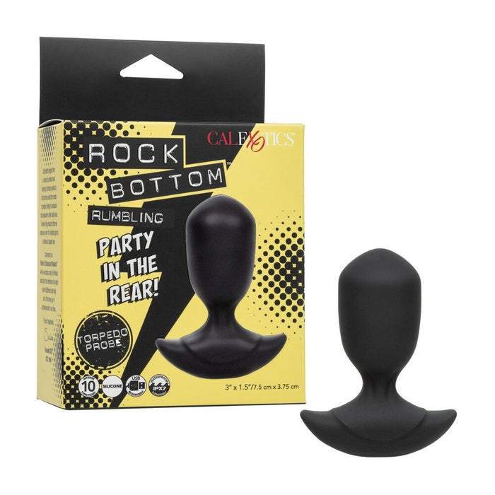 Black butt plug with packaging labeled 'Rock Bottom' on a white background