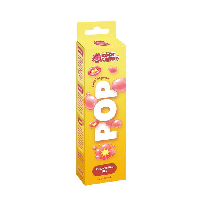 A yellow rectangular box of Rock Candy Pop Thickening Gel, featuring pink bubble graphics and bold white 'POP' lettering on the front, set against a plain white background.