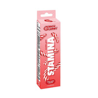 Rock Candy Stamina Candy Cane Cream packaging box, featuring a pink design with illustrations of candy canes and bold white text, on a solid white background.