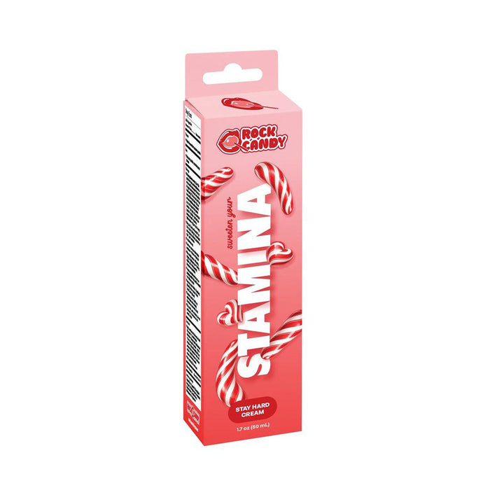 Rock Candy Stamina Candy Cane Cream packaging box, featuring a pink design with illustrations of candy canes and bold white text, on a solid white background.