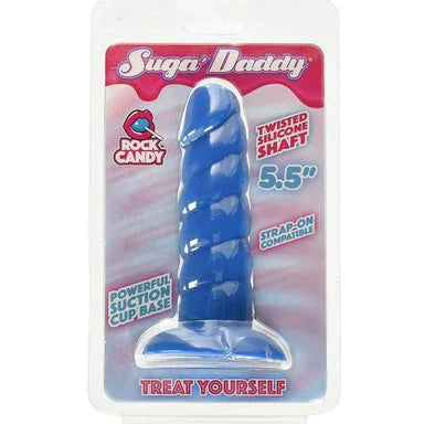 a blue twisted shaft dildo with a suction cup base in its plastic packaging