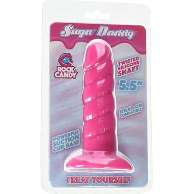 a pink twisted shaft dildo with a suction cup base in its plastic packaging