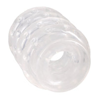 Clear silicone detacheable cock rings on a white background