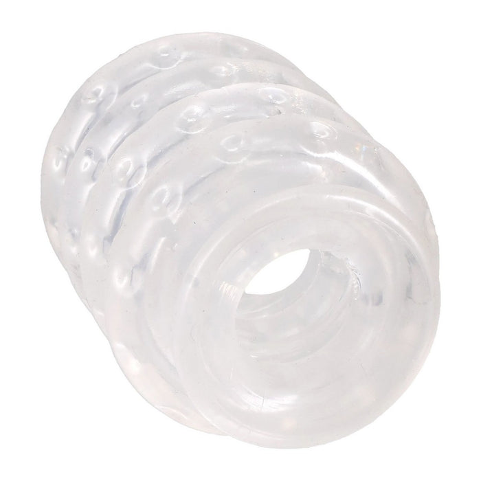 Clear silicone detacheable cock rings on a white background