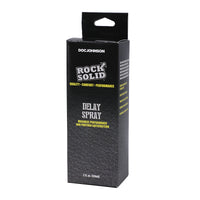 Black packaging of Rock Solid Delay Spray with visible branding on a white background