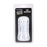 Clear masturbator in packaging with 'Doc Johnson' branding on a white background