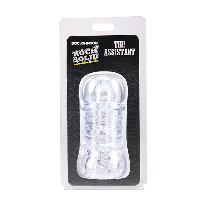 Clear masturbator in packaging with 'Doc Johnson' branding on a white background