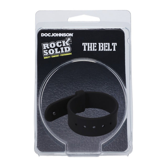 adjustable black belt shapped cock ring next to rock solid package
