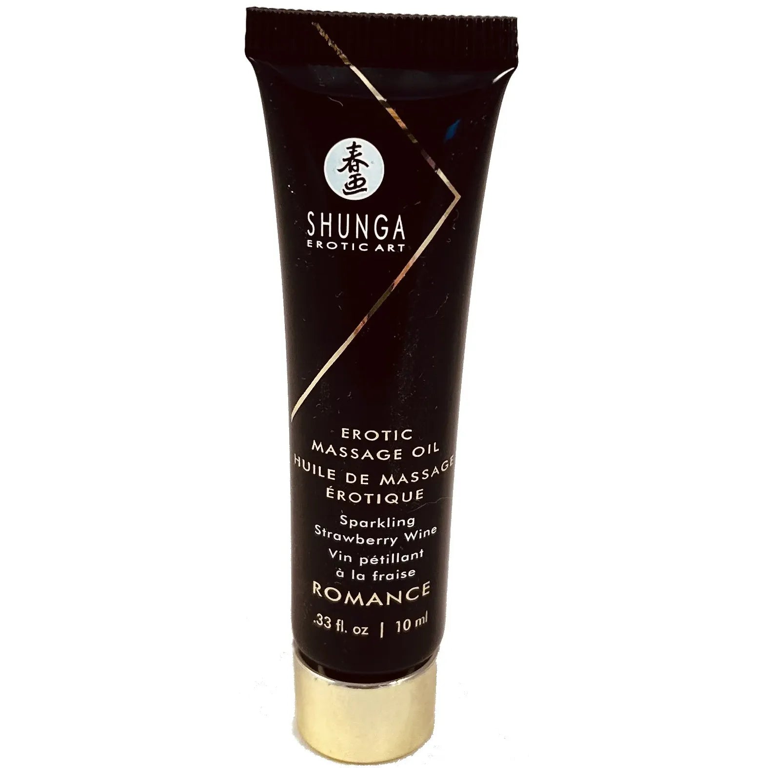 Shunga Erotic Massage Oil romance sparkling strawberry wine tube with black and gold design
