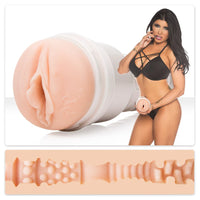 fleshlight with a detailed texture and romi rain in a black bikini on a white background