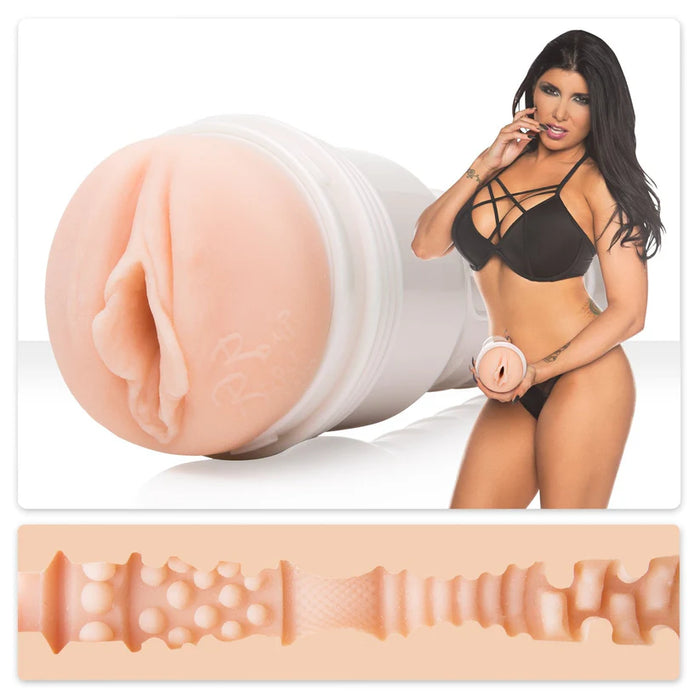 fleshlight with a detailed texture and romi rain in a black bikini on a white background