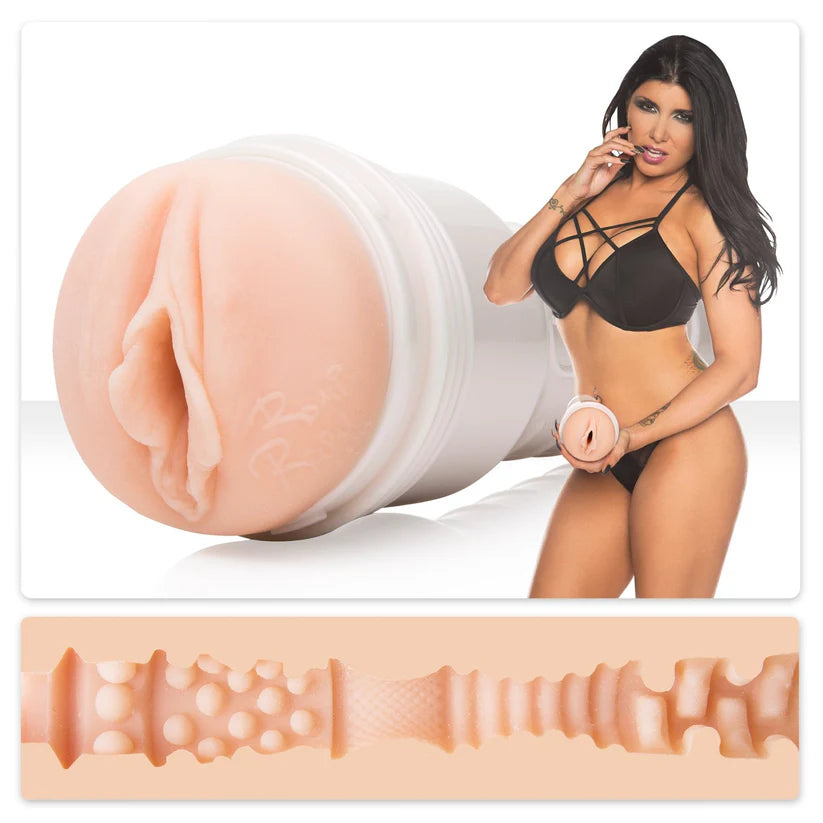fleshlight with a detailed texture and romi rain in a black bikini on a white background