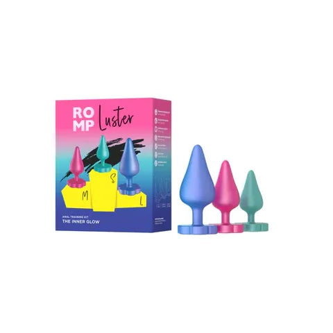 Colorful product packaging with 'ROMP Luster' anal plugs with branding on a white background