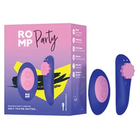 ROMP Party product packaging with purple remote & vibrator on a white background