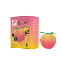 Pink peach-shaped product packaging with a peach illustration on a white background