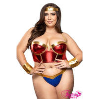 Person wearing a Wonder Woman costume with red and gold top and blue bottom on a white background.