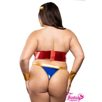 Person wearing a costume with red, blue, and gold elements on a white background