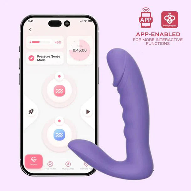 purple vibrator with penis shaped head and bottom base for stimulation with phone app
