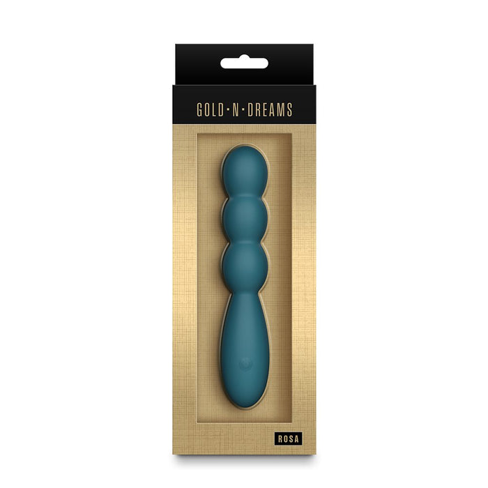 green rosa vibrator in a Gold N Dreams packaging on a white background