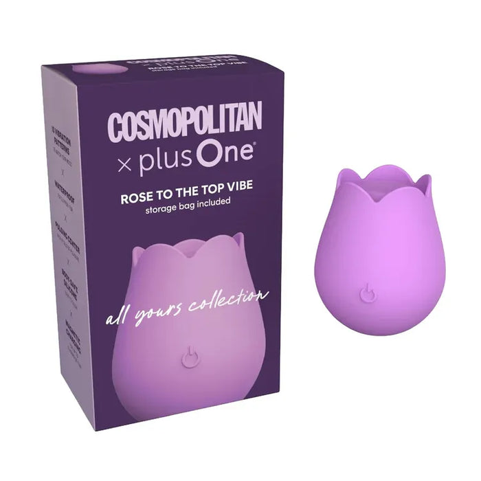 purple rose shaped clitoral vibrator, beside purple box packaging, on white back ground 