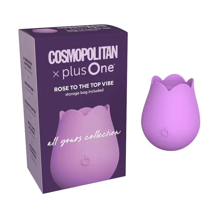 purple rose shaped clitoral vibrator, beside purple box packaging, on white back ground 