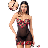 Woman wearing a black lace babydoll  with red floral embroidery, featuring the brand 'Mapale'.