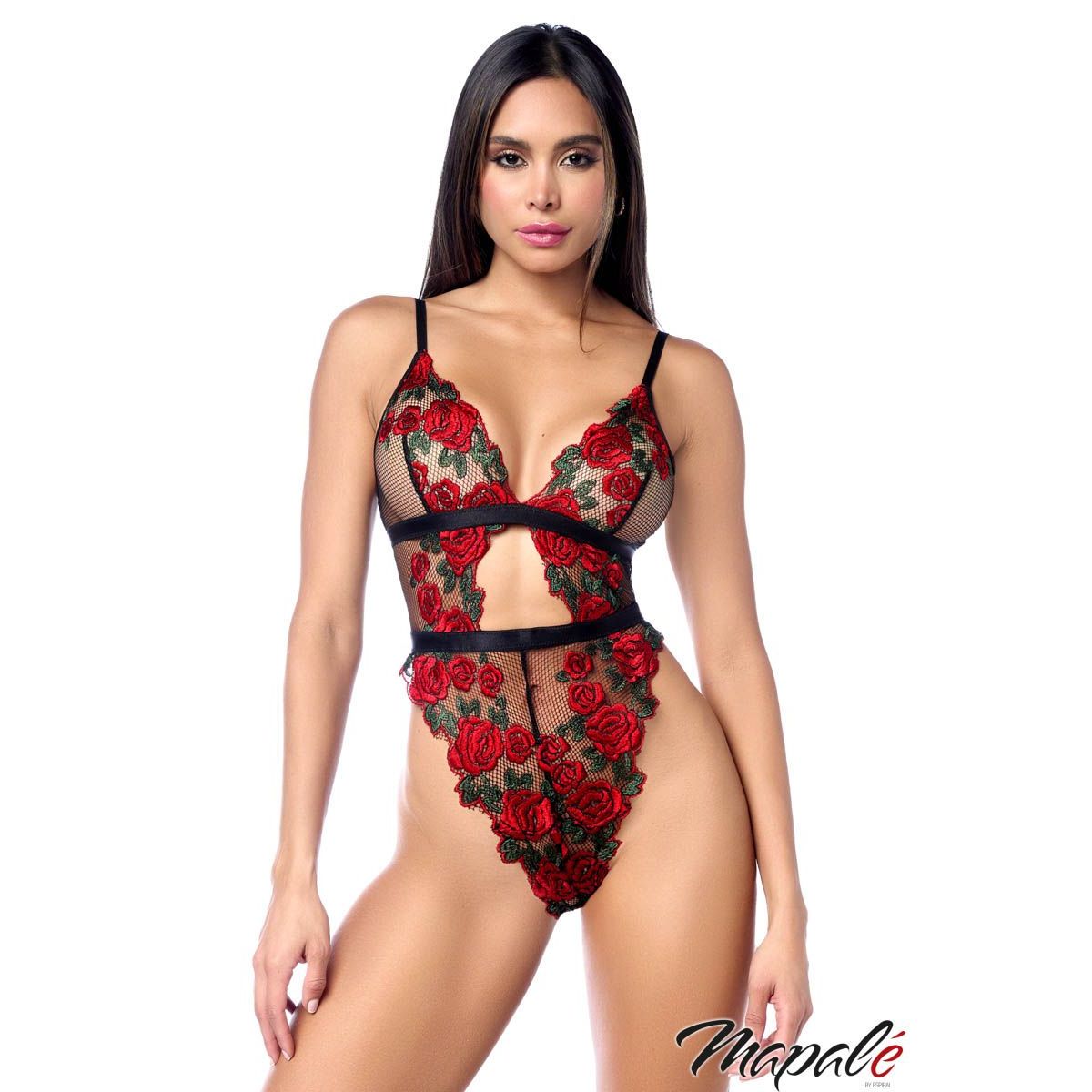 Woman wearing a black lingerie set with red floral embroidery on a white background, featuring the brand 'Mapale'.