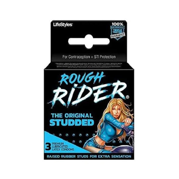 female on motor cycle on box of studded condoms