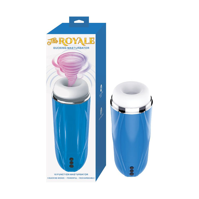 Blue and white sucking masturbator with packaging labeled 'Royale' on a white background