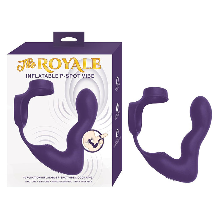 Purple inflatable P-spot vibe with packaging labeled 'The Royale' on a white background