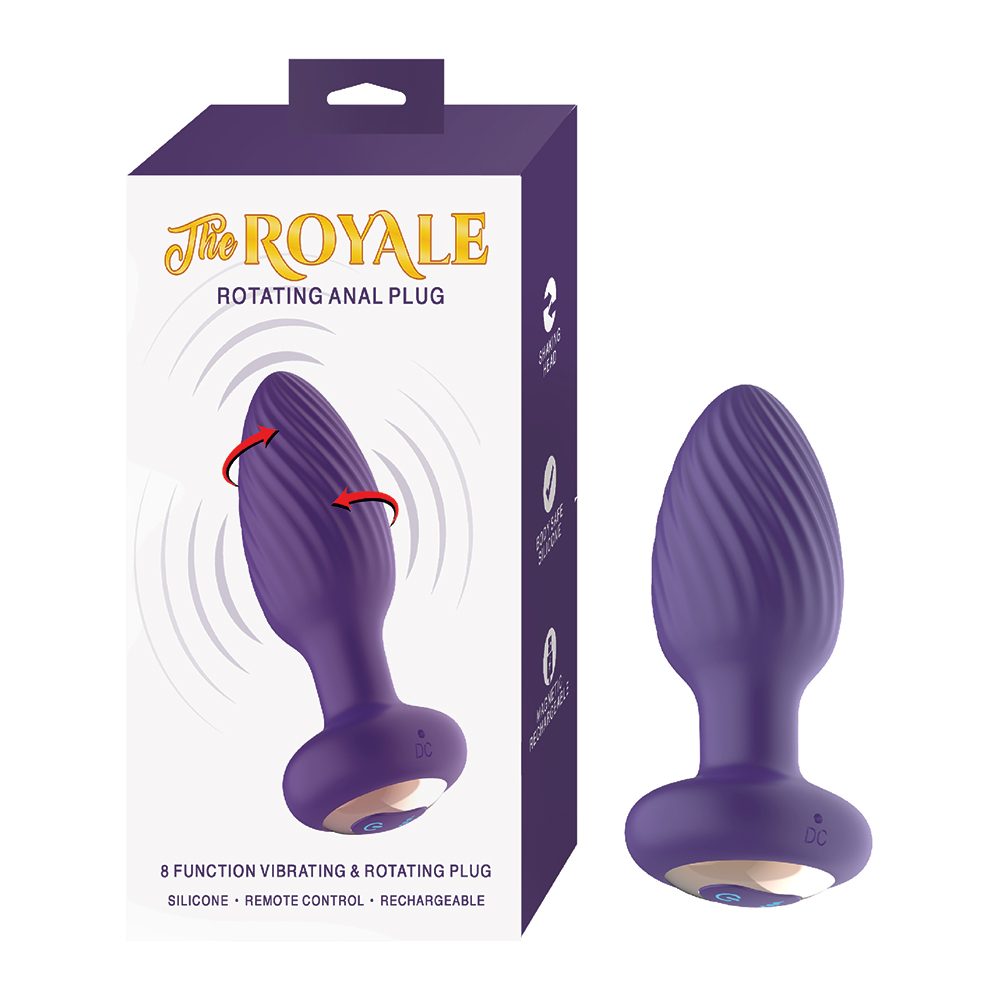 Purple rotating anal plug with packaging labeled 'The Royale' on a white background