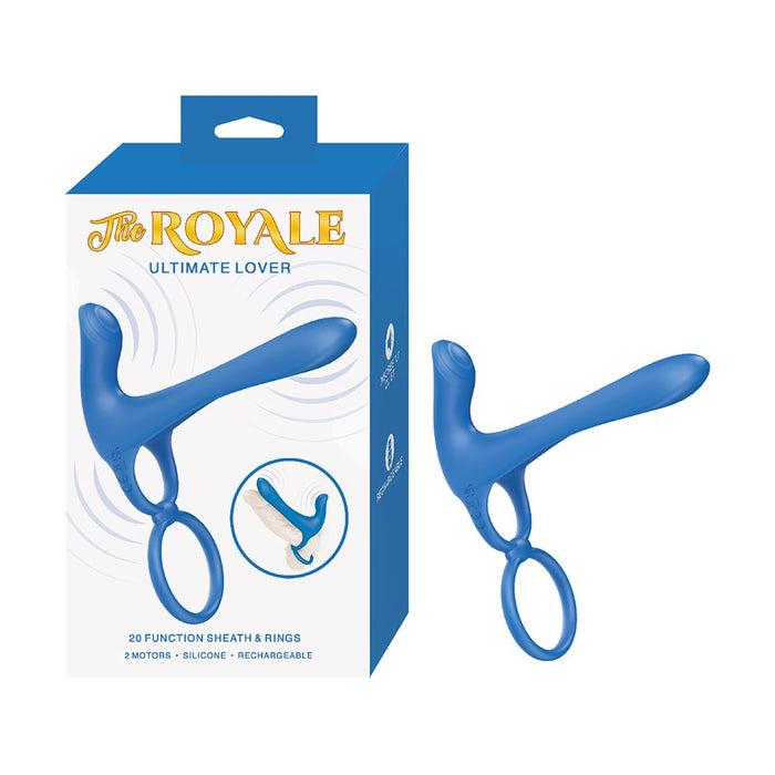 Blue sheath cock ring product with 'The Royale' packaging on a white background