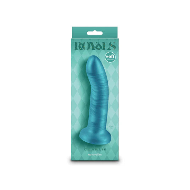 teal dildo with curved head on packaging
