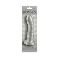 Silver dildo in packaging with 'ROYALS' branding on a white background