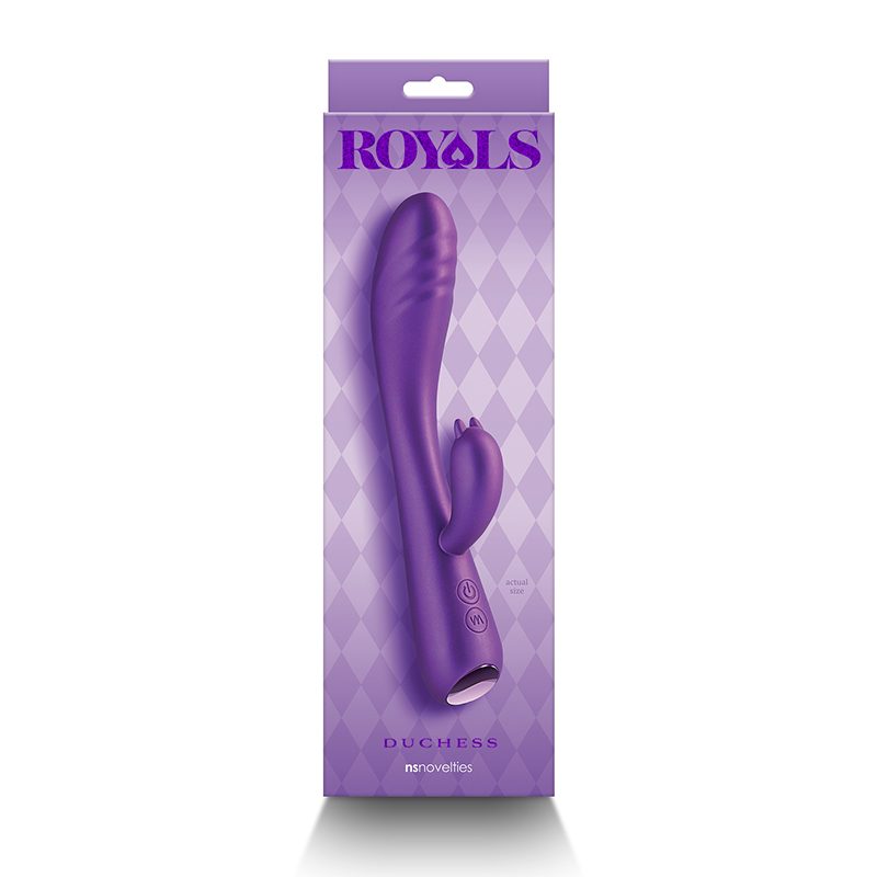 Purple packaging of a duchess vibrator with 'ROYALS' branding on a white background