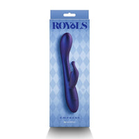 navy empress vibrator on packaging with 'ROYALS' branding on a blue checkered background