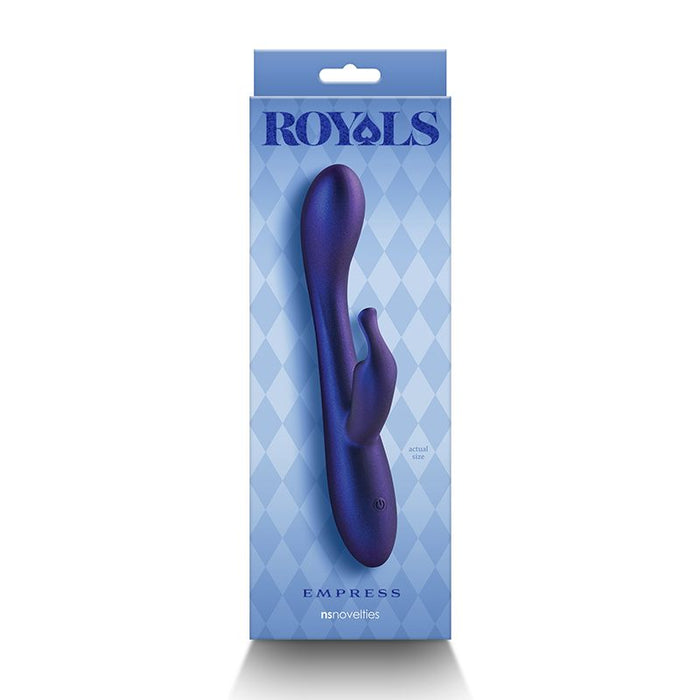 navy empress vibrator on packaging with 'ROYALS' branding on a blue checkered background
