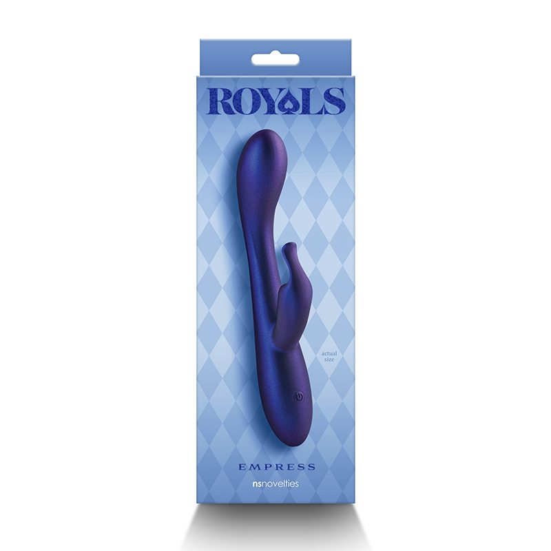 navy empress vibrator on packaging with 'ROYALS' branding on a blue checkered background