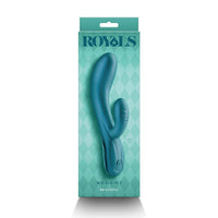 teal regent vibrator with 'ROYALS' branding on a green patterned background