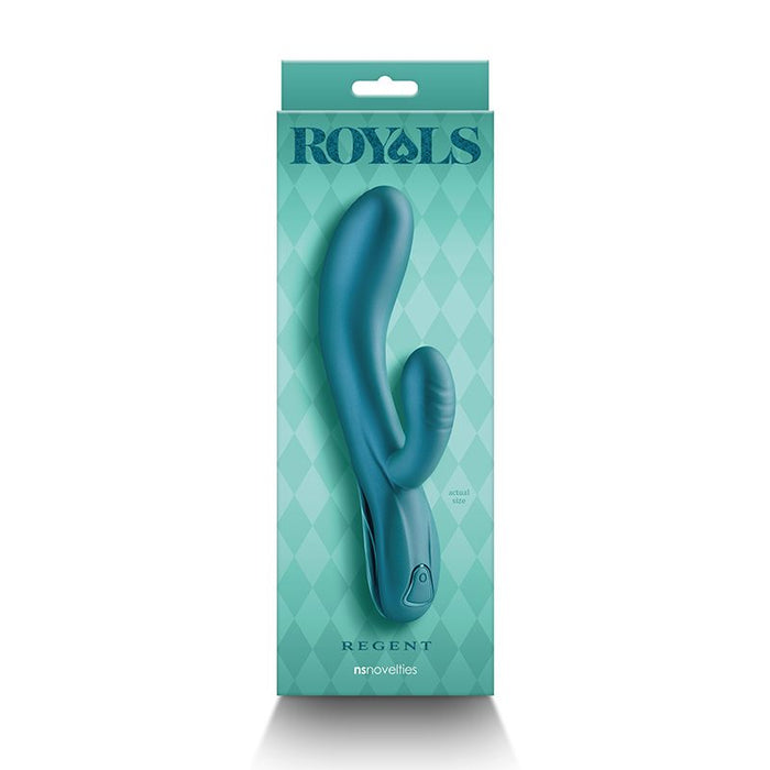 teal regent vibrator with 'ROYALS' branding on a green patterned background