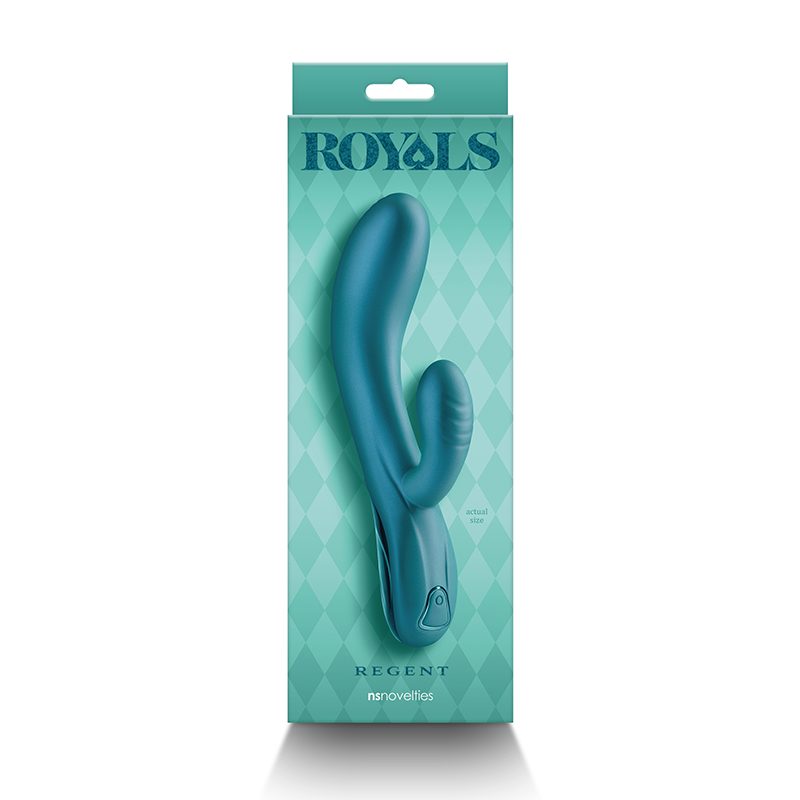 teal regent vibrator with 'ROYALS' branding on a green patterned background