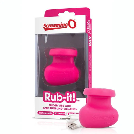 a pink vibrating bulb with a connected handle meant to fit between two fingers. Shown next to its white display box