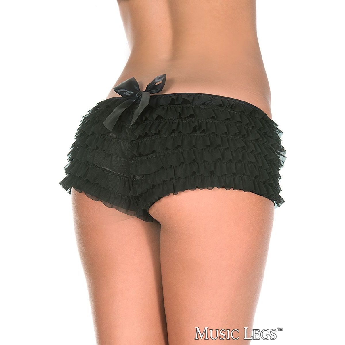 Black ruffled shorts with a bow on a white background, featuring the brand 'Music Legs'.