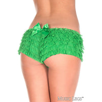 Green ruffled underwear with a bow on a white background, featuring the brand 'Music Legs'.