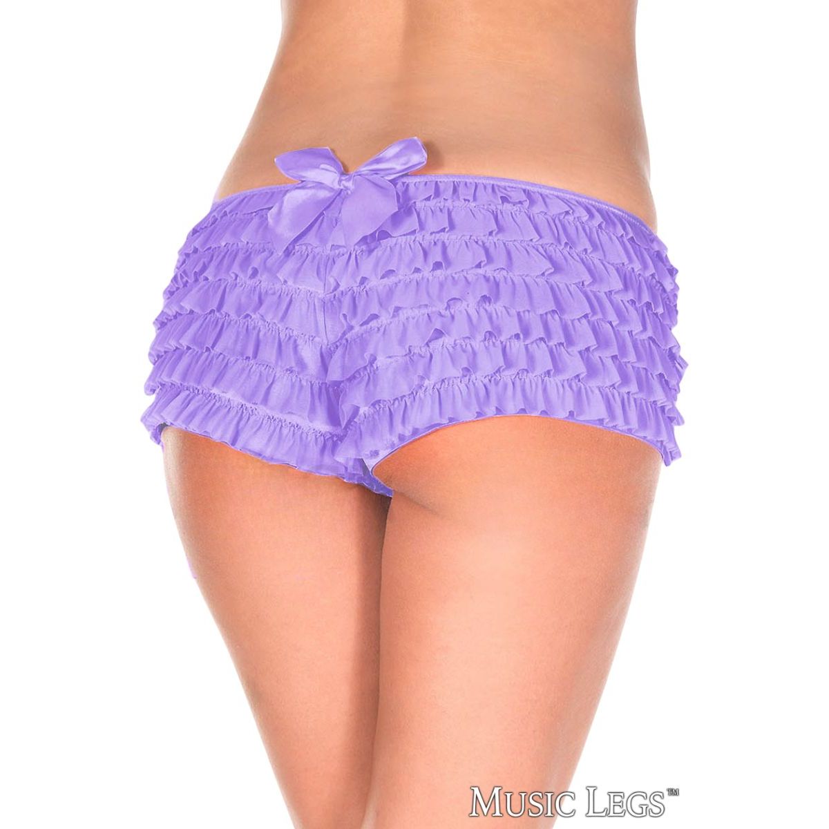 Purple ruffled shorts worn by a person on a white background