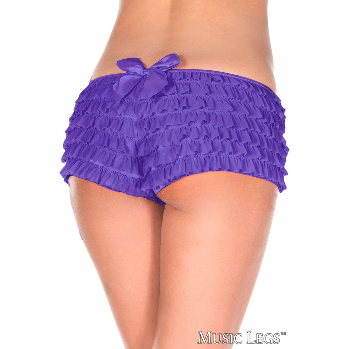 Purple ruffled shorts with a bow on a white background
