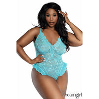 Model wearing a turquoise lace lingerie set with 'Dreamgirl' branding.