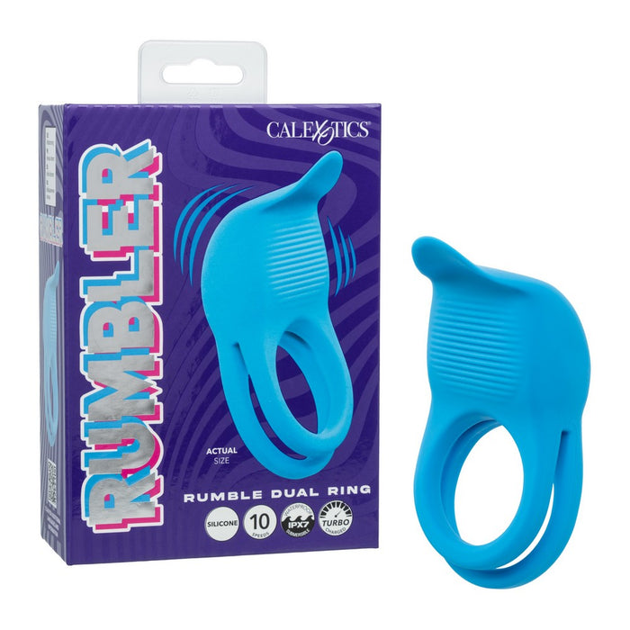 Blue CalExotics Rumble Dual Ring shown next to its purple retail packaging box on a white background.