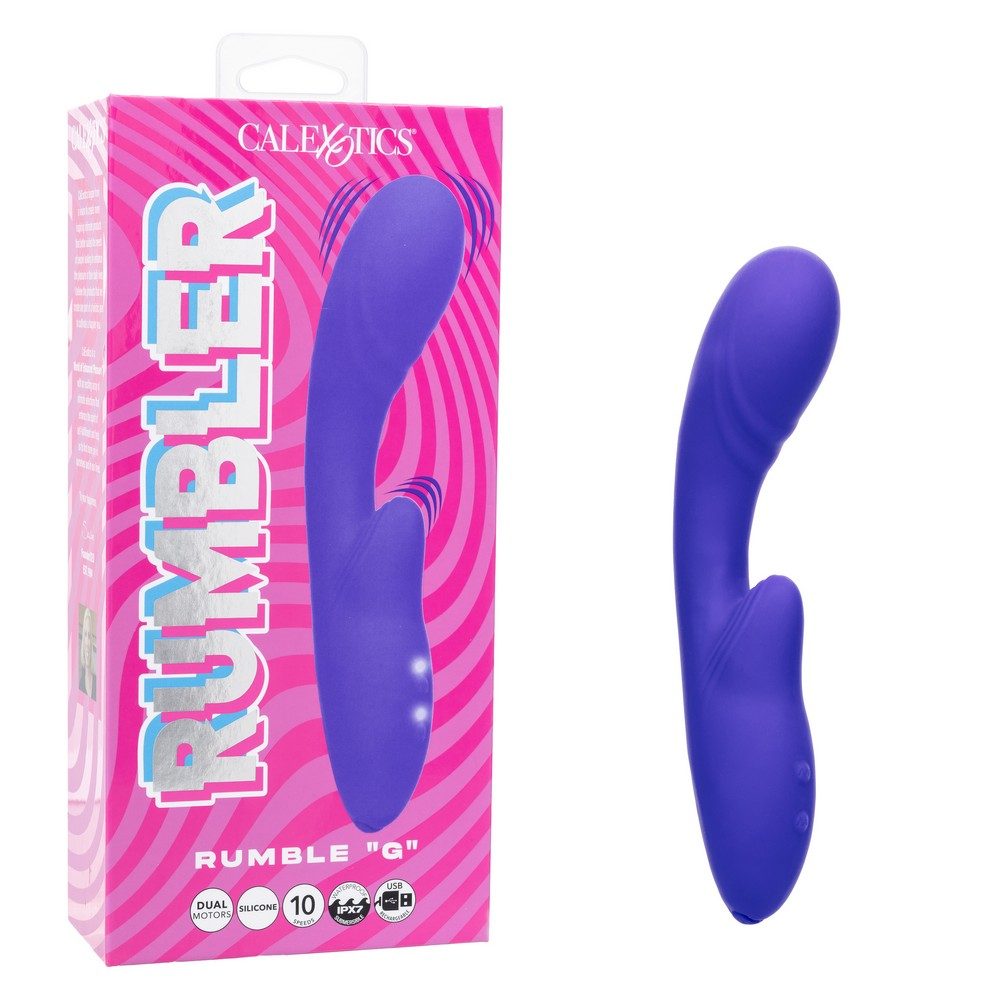 Purple 'Rumble g vibrator with Calexotics branding on a pink and white box.