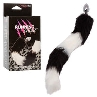 Black and white tail with anal plug and packaging labeled 'Running Wild' on a white background
